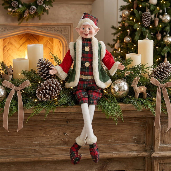 Poseable Christmas Elf - Red &amp; Green Tartan, 56 cm