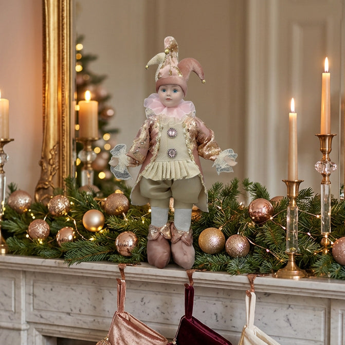 43cm Standing Musical Jester Elf – Pink &amp; Rose