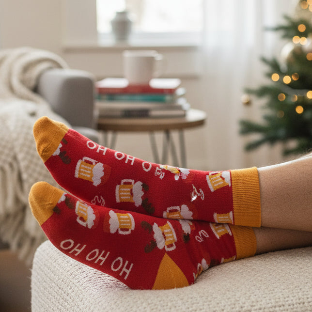 Red socks with beer mug pattern and 'HO HO HO' text on a white background