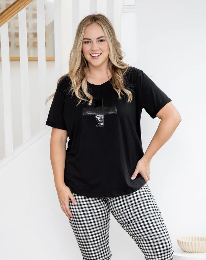 BLACK CROSS SEQUIN TEE