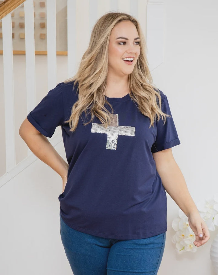 NAVY CROSS SEQUIN TEE