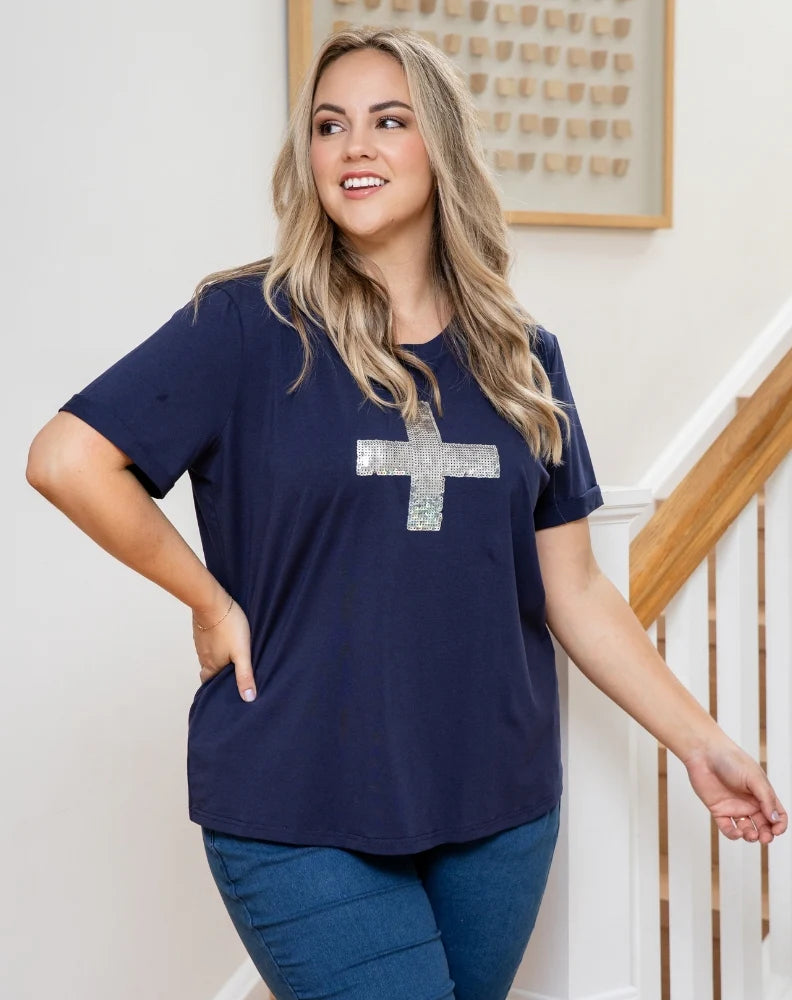 NAVY CROSS SEQUIN TEE