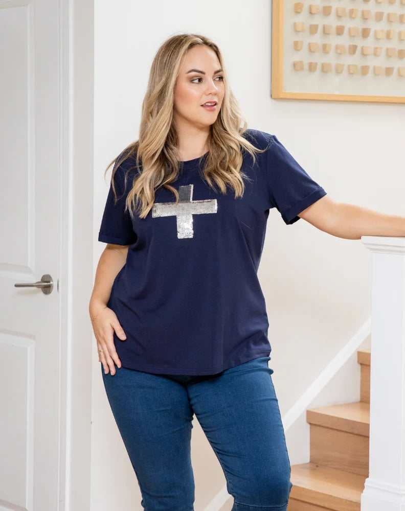 NAVY CROSS SEQUIN TEE