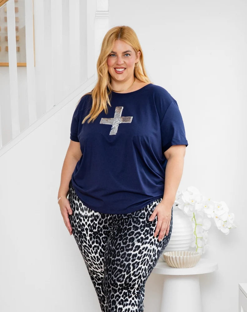 NAVY CROSS SEQUIN TEE