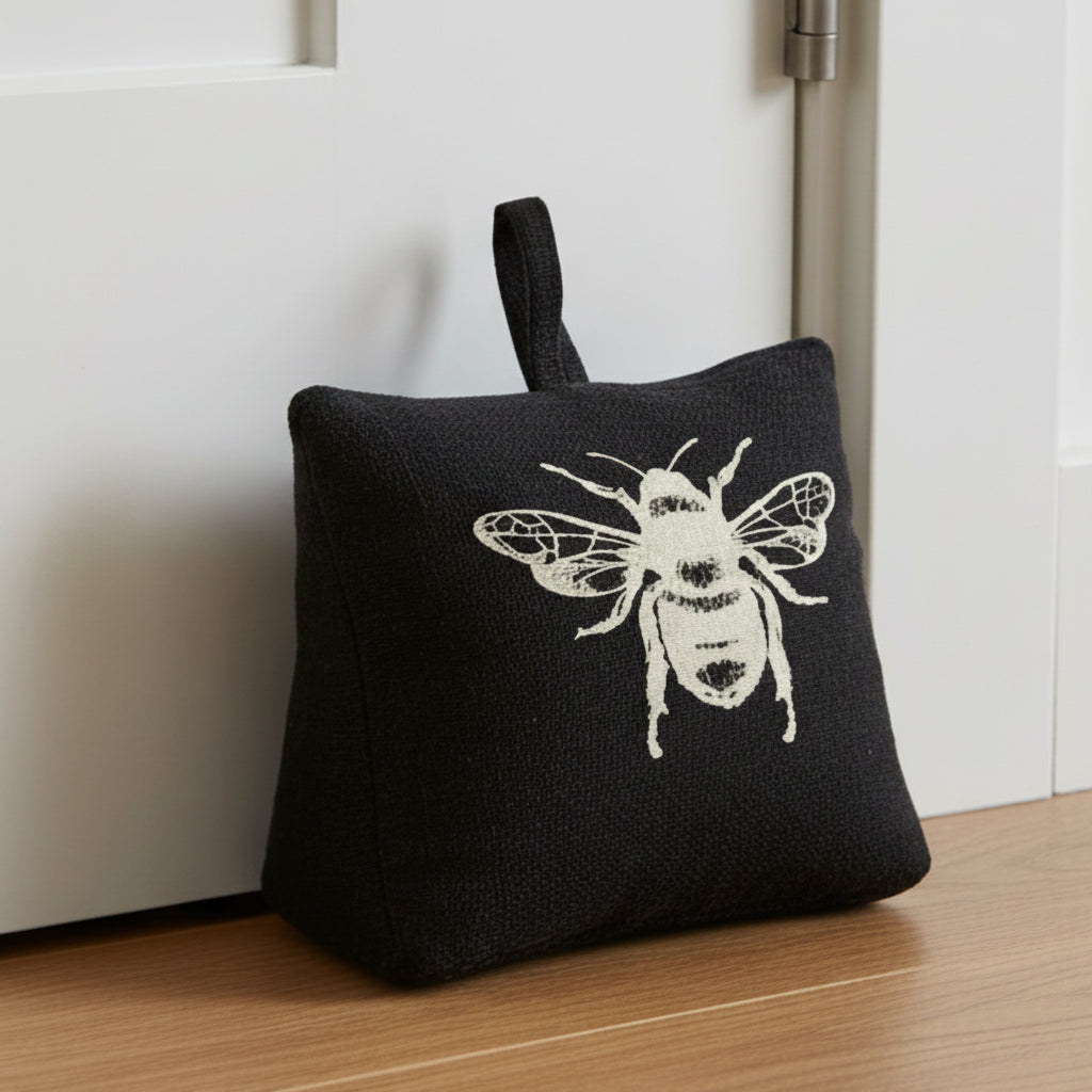 A black fabric air freshener or sachet with a white embroidered bee design on the front, featuring a small black hanging loop at the top, set against a plain white background.
