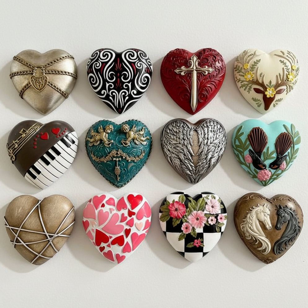 Collection of heart-shaped decorative items on a gray background