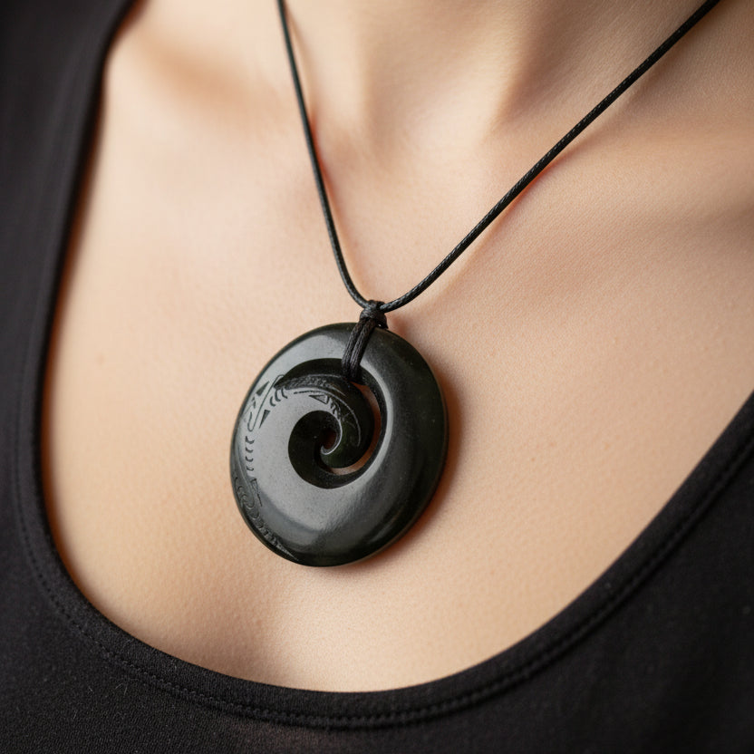 DARK ENGRAVED GREENSTONE NECKLACE ON A NECK WITH A WAXED CORD STRING.