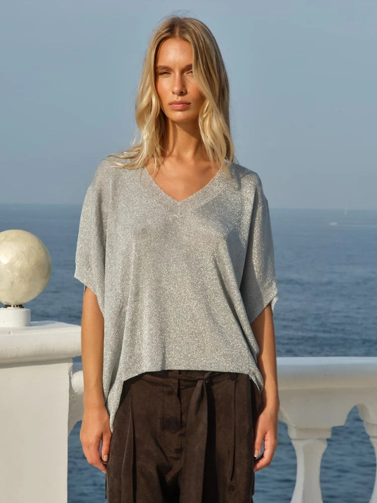 Fate &amp; Becker Silver Iris V-Neck Top
