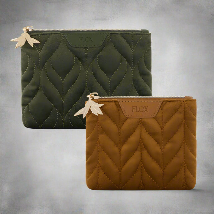 Two quilted pouches, one green and one brown, with visible brand name on a white background.