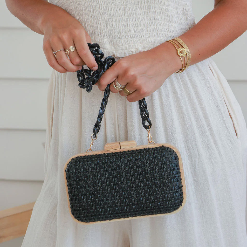 Person holding a black woven handbag with a white background
