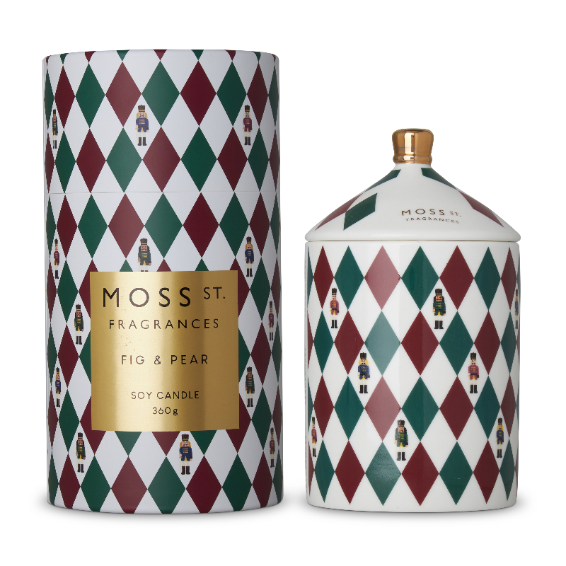 Moss St. Fragrances Fig & Pear candle with decorative packaging on a white background