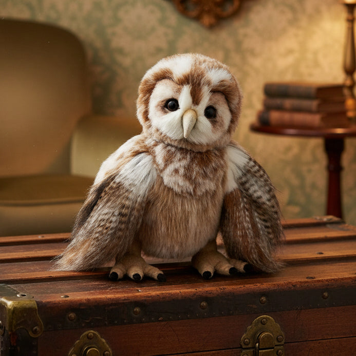 Plush owl toy with brown and white feathers on a white background