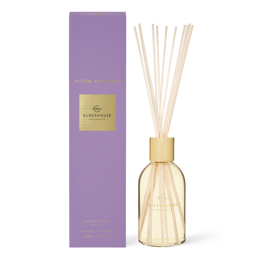 Glasshouse diffuser with reeds and purple packaging on a white background