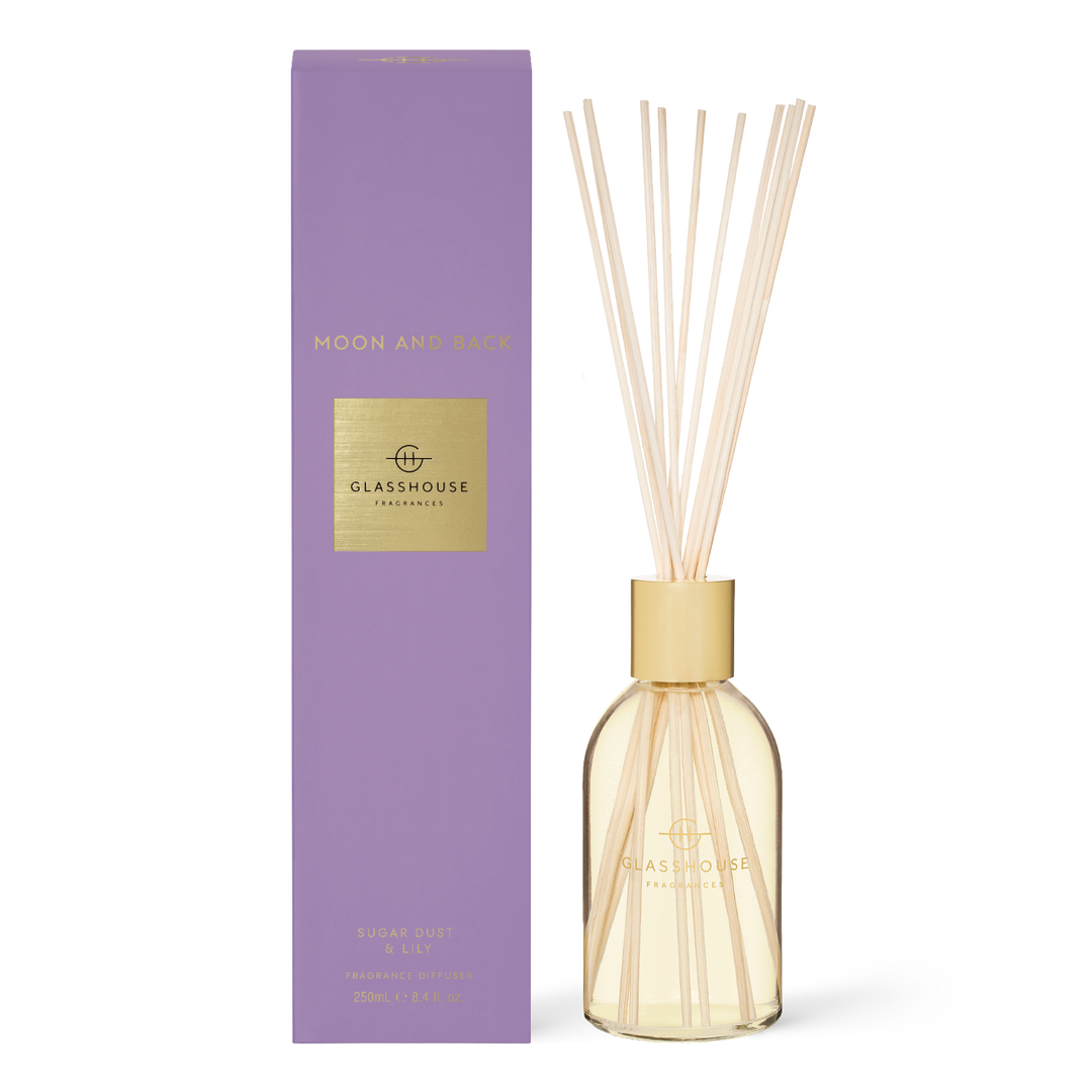 Glasshouse diffuser with reeds and purple packaging on a white background