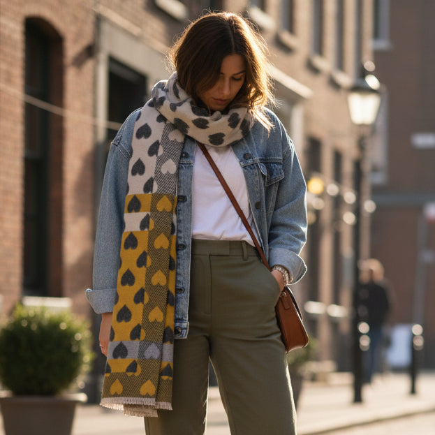 Scarf with heart pattern in gray, yellow, and white on a white background