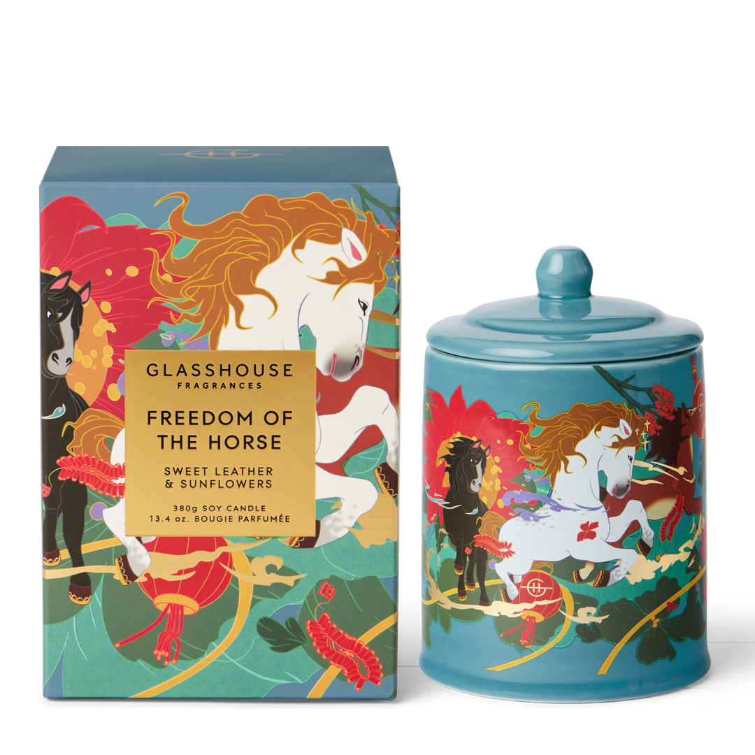 Candle jar and packaging with horse design on a white background