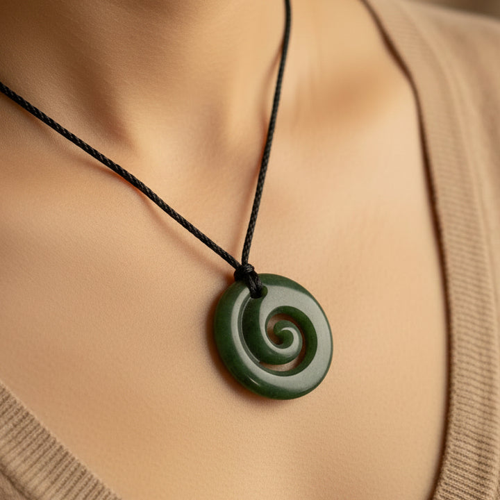 Green jade pendant NECKLACE OF A KORU ON A NECK CLOSE UP