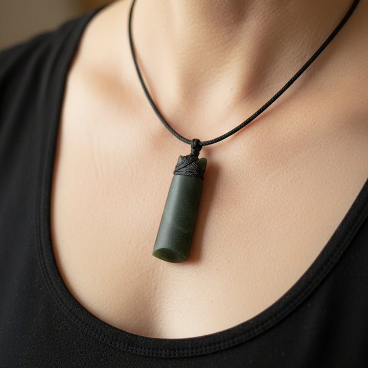 GREENSTONE NECKLACE ON A THIN WAXED STRING ON SOMEONES NECK