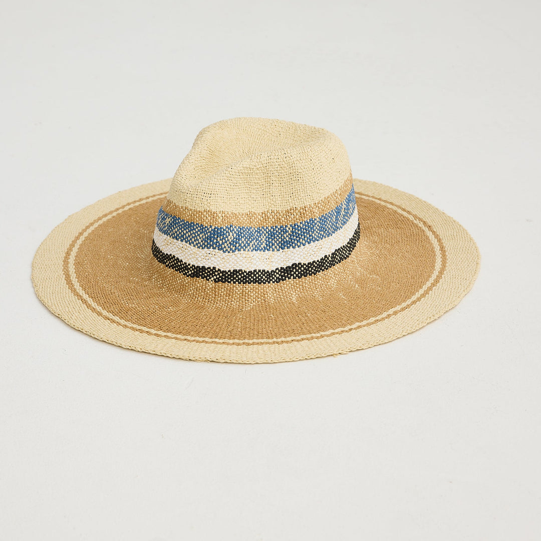 Beige straw hat with a decorative band on a light gray background