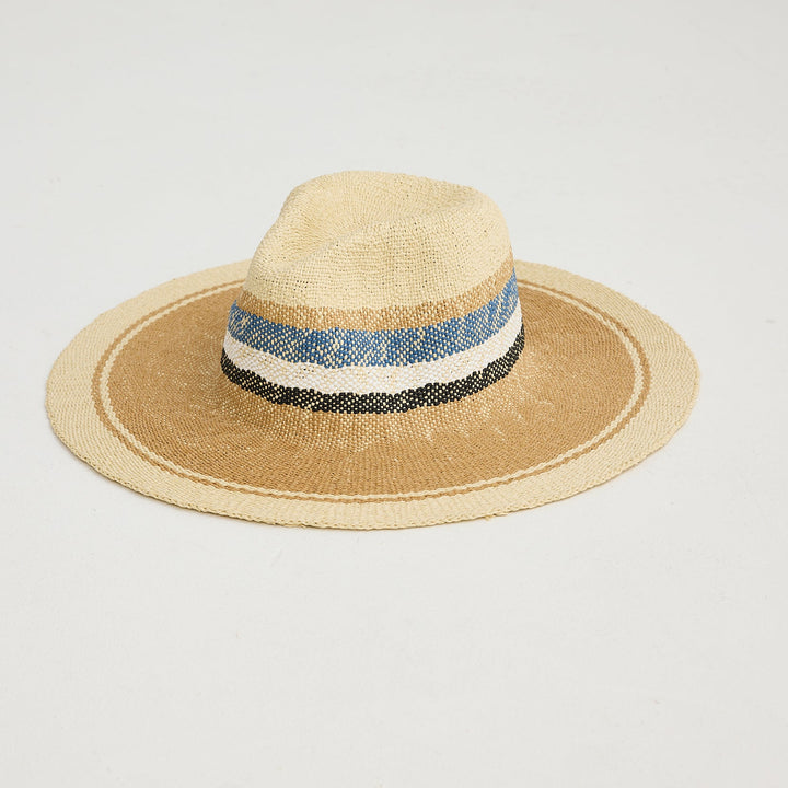 Beige straw hat with a decorative band on a light gray background