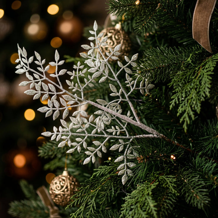 White Flocked Leaf Christmas Pick - 62 cm