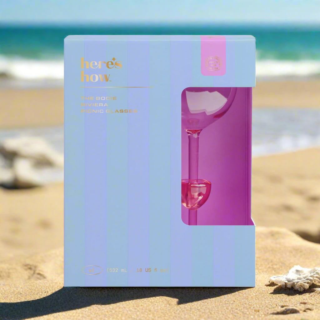 Pink bottle in a blue packaging box with 'here's how' branding.