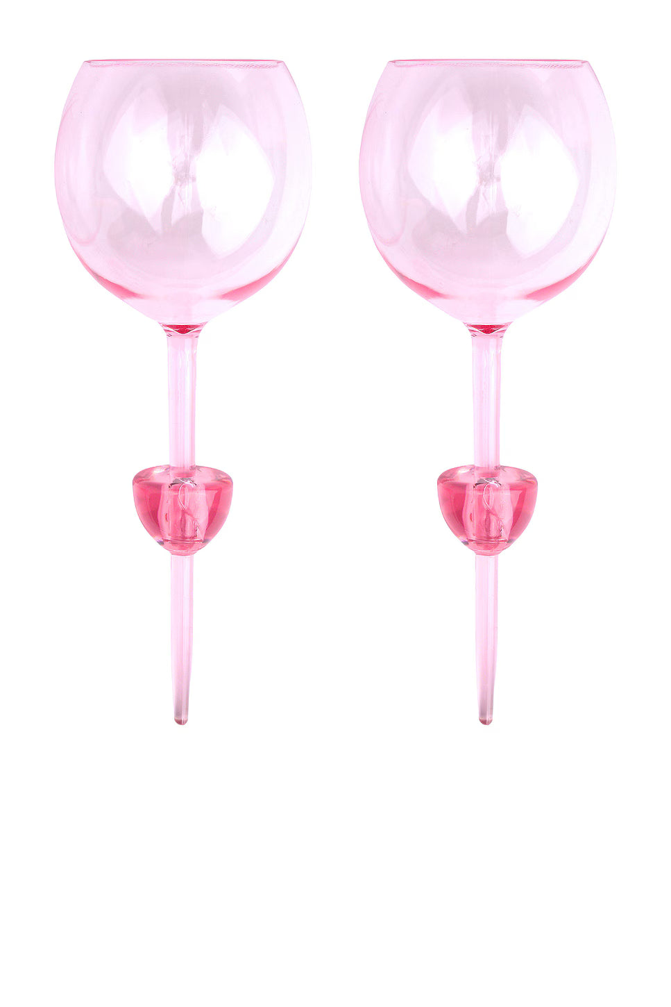 Two pink wine glasses with stems on a white background