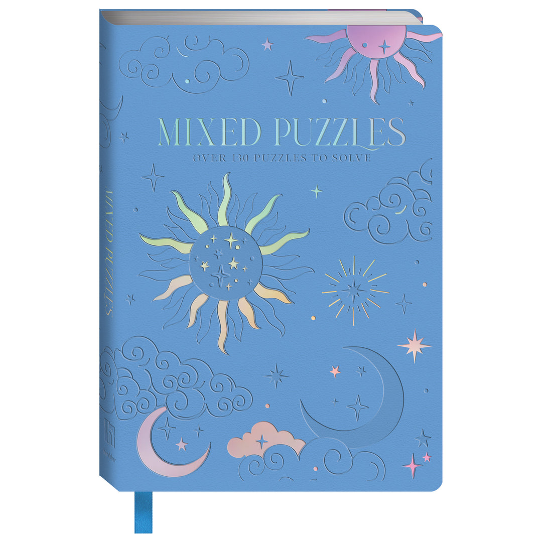 Hinkler Faux Leather Mixed Puzzles Book in blue, angled - RAPT ONLINE