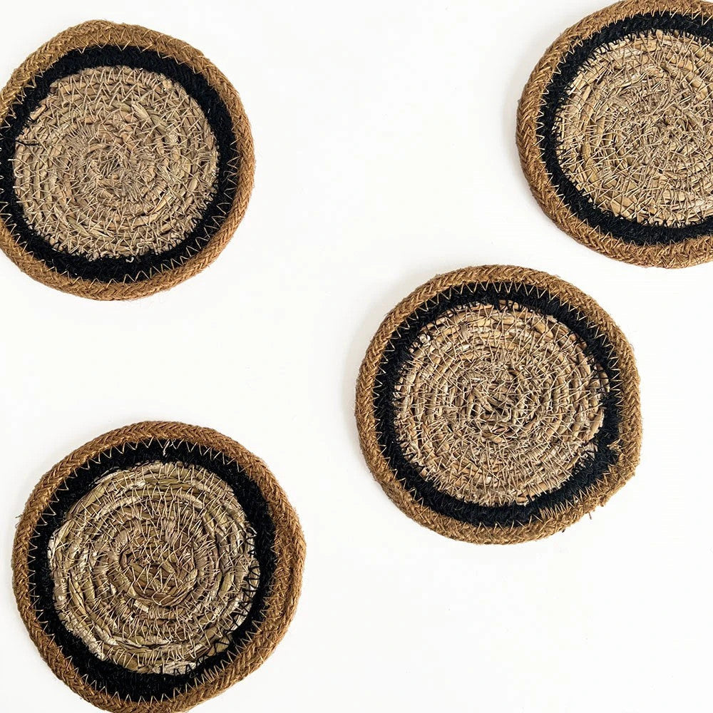 Natural Black Border Jute Seagrass Coaster Set