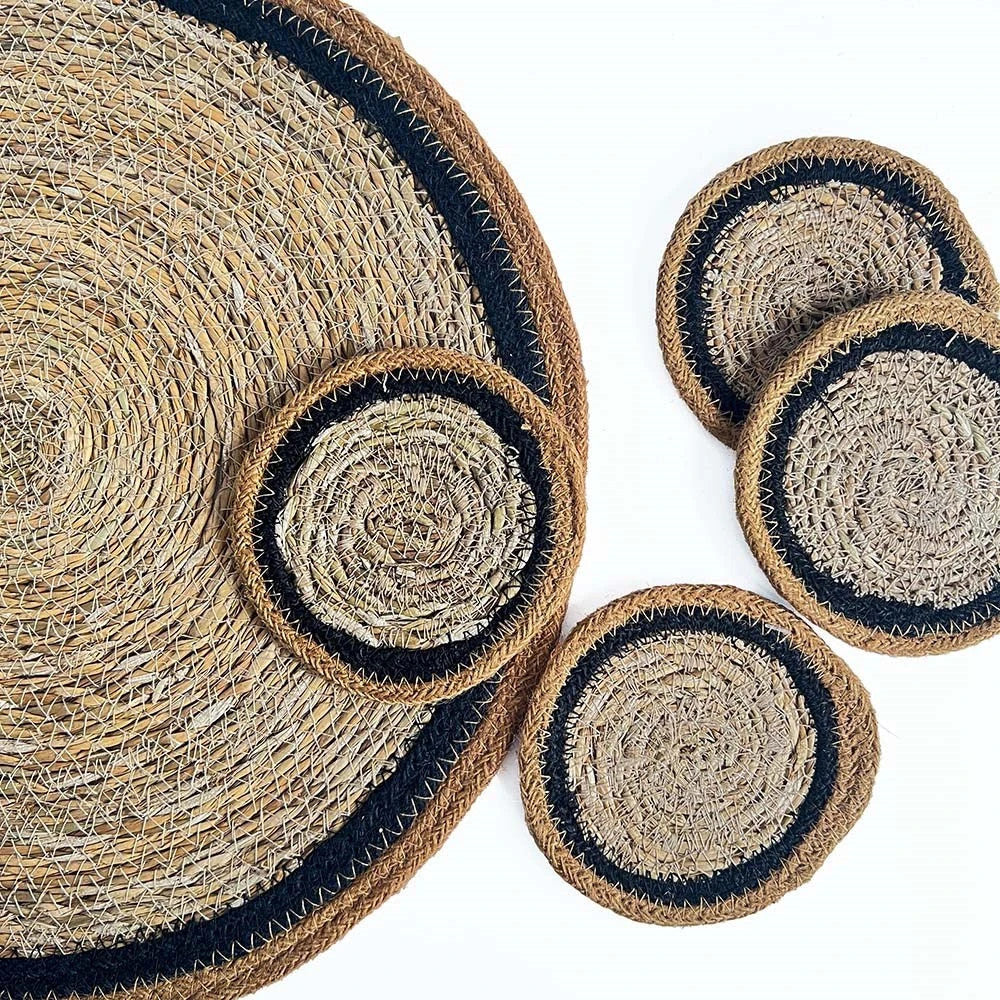 Natural Black Border Jute Seagrass Coaster Set