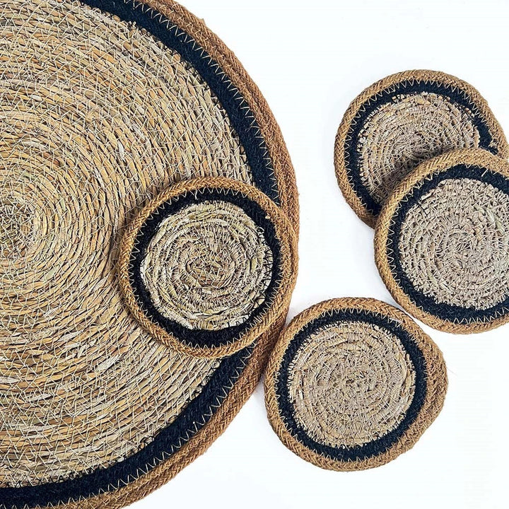 Natural Black Border Jute Seagrass Coaster Set