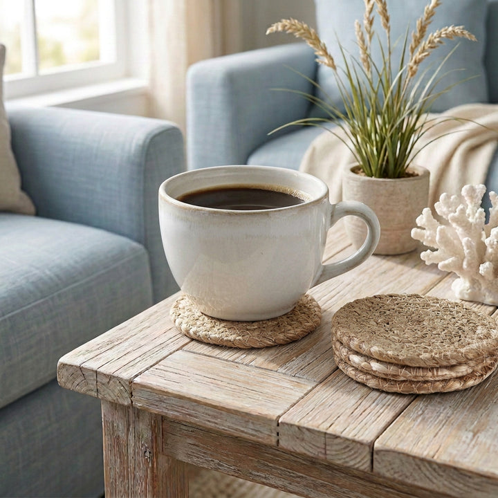Natural Seagrass &amp; Jute Coasters styled with a coffee cup - RAPT ONLINE
