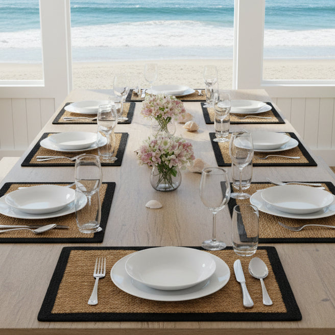 A rectangular natural coir doormat with a thick black border, shown flat against a solid white background.