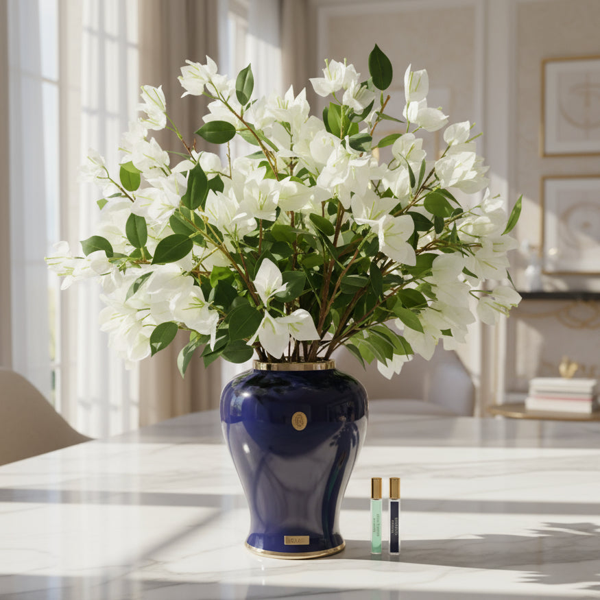 Navy blue vase with white cote noire diffuser bougainvillea flowers.
