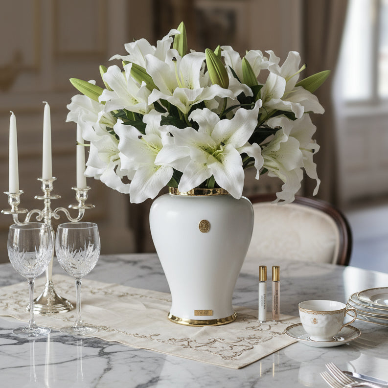 Cote Noire white vase with white lillies that diffuse fragarnce on a light gray background