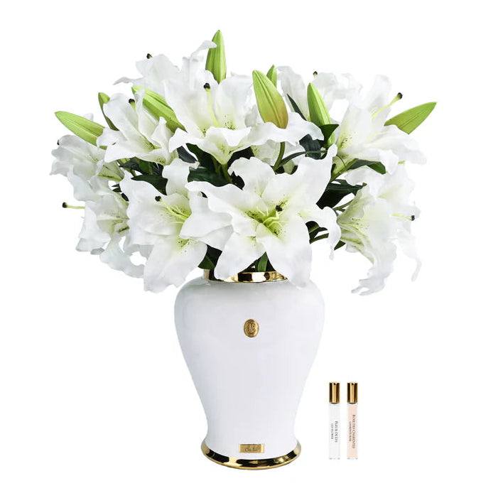 Cote Noire White vase with white lillies on a white background