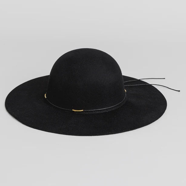 Black wide-brimmed hat on a light gray background