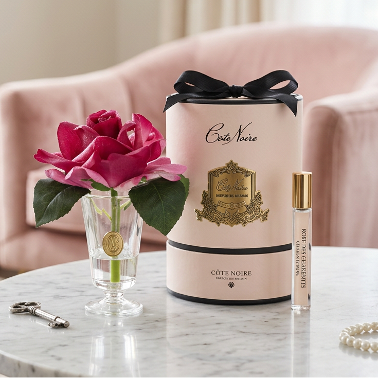 Pink rose in a glass vase next to a Cote Noire perfume bottle on a white background