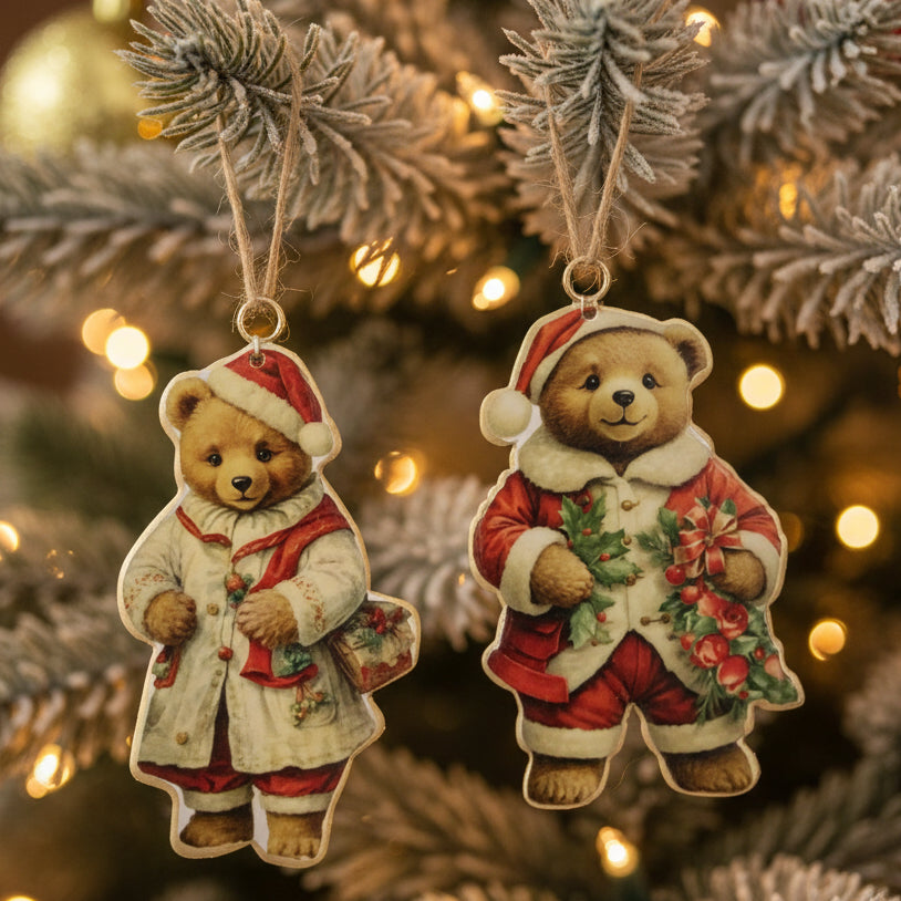 Two Christmas-themed teddy bear ornaments on a white background
