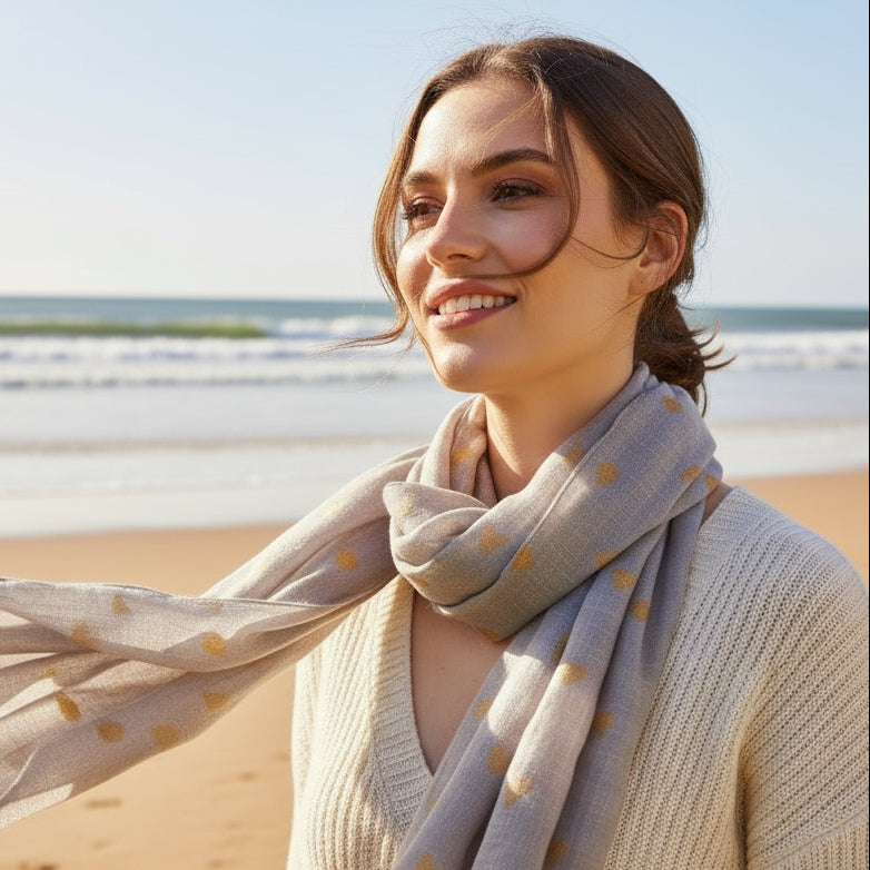 Gray scarf with gold polka dots on a white background