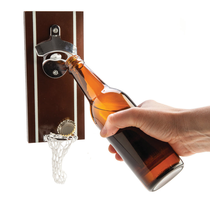 Beer Basket Bottle Opener, cap dropping into the net - RAPT ONLINE