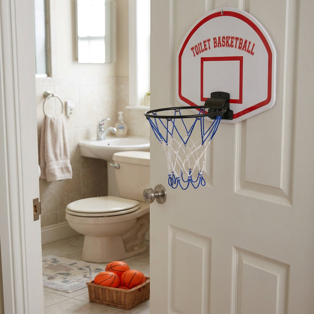 Toilet Basketball game set, hoop hung on a bathroom door - RAPT ONLINE