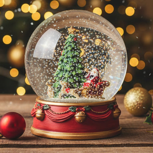 A Christmas snow globe figurine featuring a miniature green Christmas tree, Santa Claus, and sleigh inside a clear glass sphere on a red and gold decorative base, set WOODEN TABLE & XMAS LIGHTS