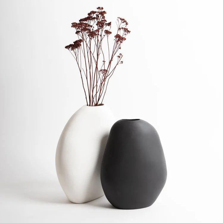 Two vases, one white and one black, with dried flowers on a white background