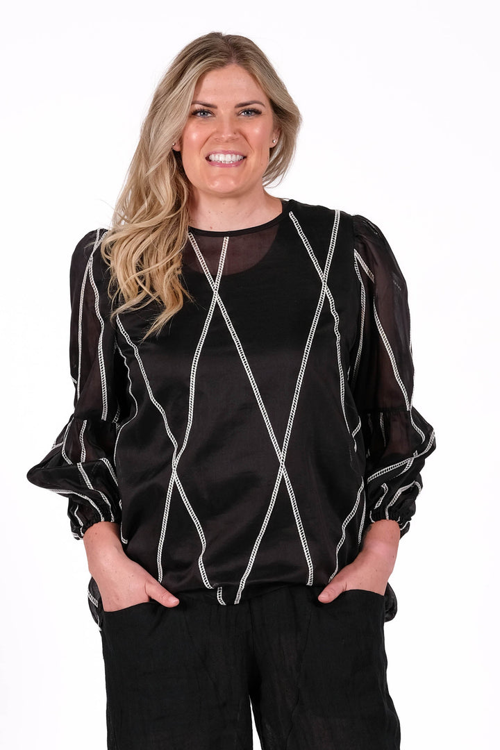 Woman wearing a black outfit with sheer sleeves on a white background