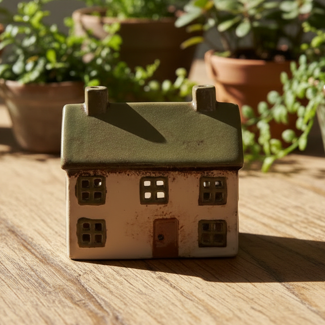 Small ceramic house model on a white background