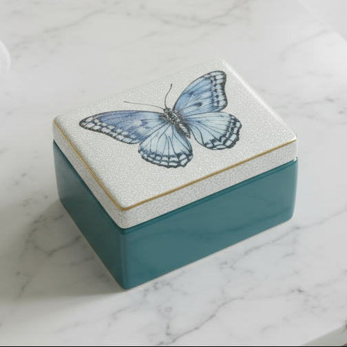 Teal box with butterfly design on lid and inset image of a blue butterfly.