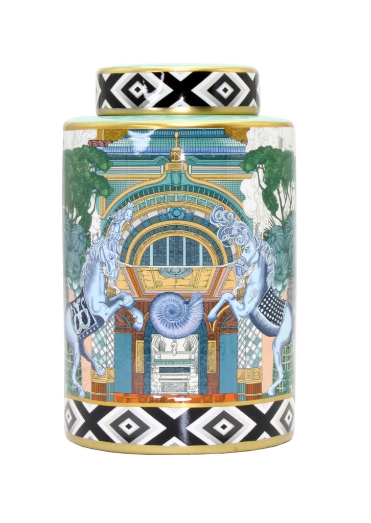 Decorative cylindrical jar with intricate design and patterns on a white background