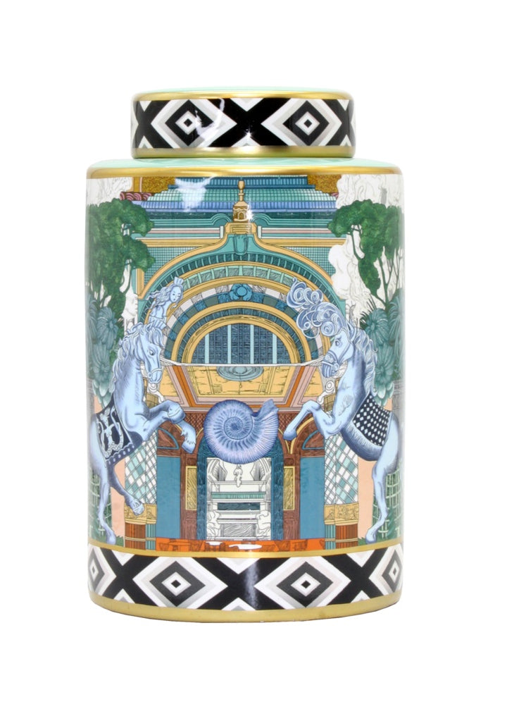 Decorative cylindrical jar with intricate design and patterns on a white background