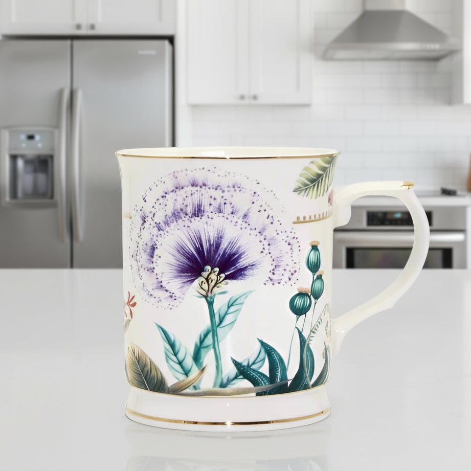 Mug with floral design amd gold on a white background